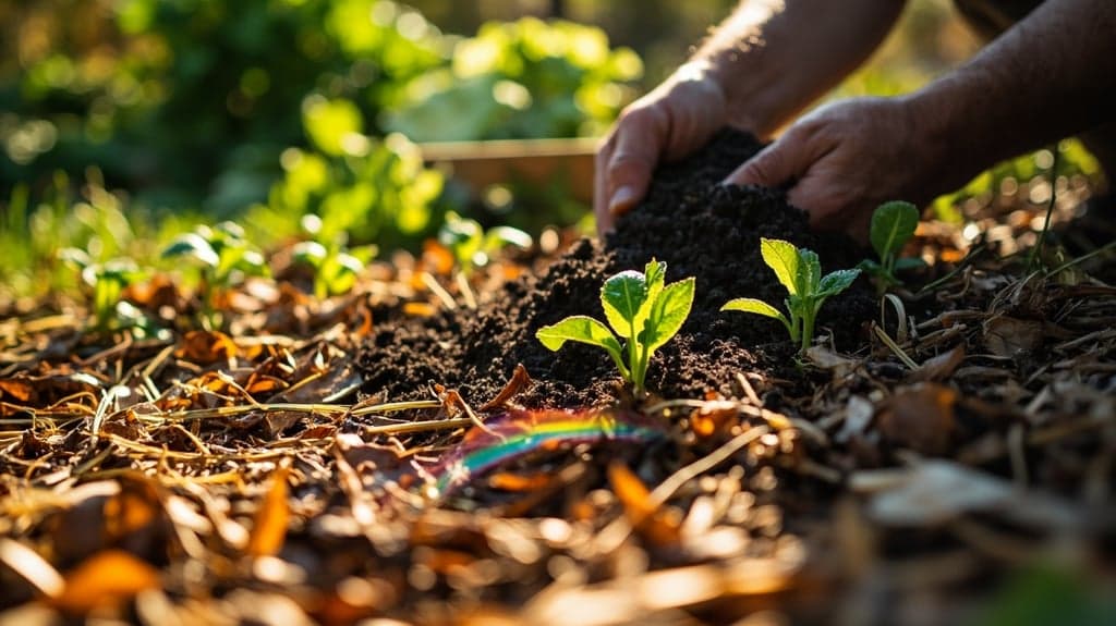 Solo de jardim coberto com palha e folhas secas