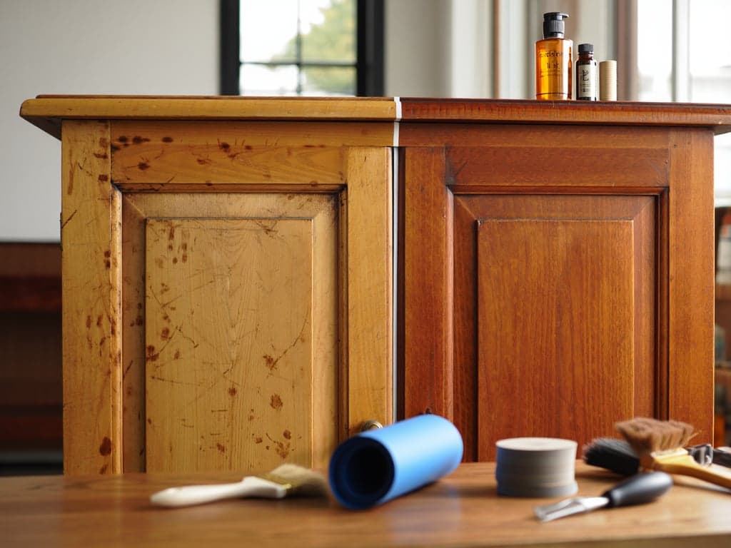 Ferramentas de marcenaria e móvel sendo restaurado