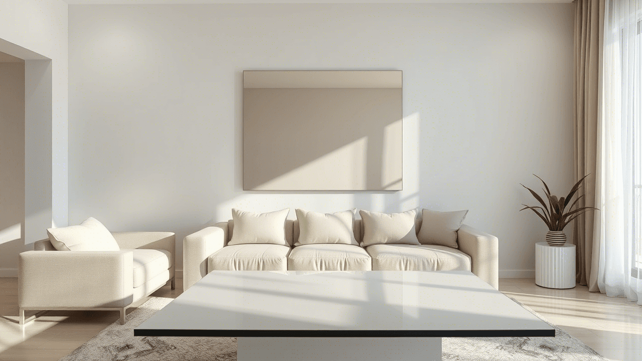 Espelho grande refletindo luz em sala de estar