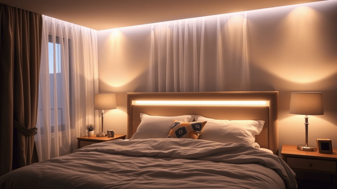 Iluminação suave e quente criando um ambiente relaxante no quarto