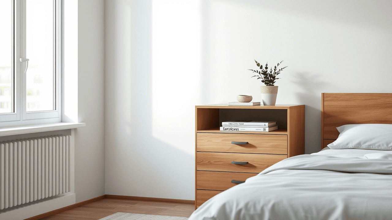 Quarto organizado com poucos objetos visíveis, transmitindo calma