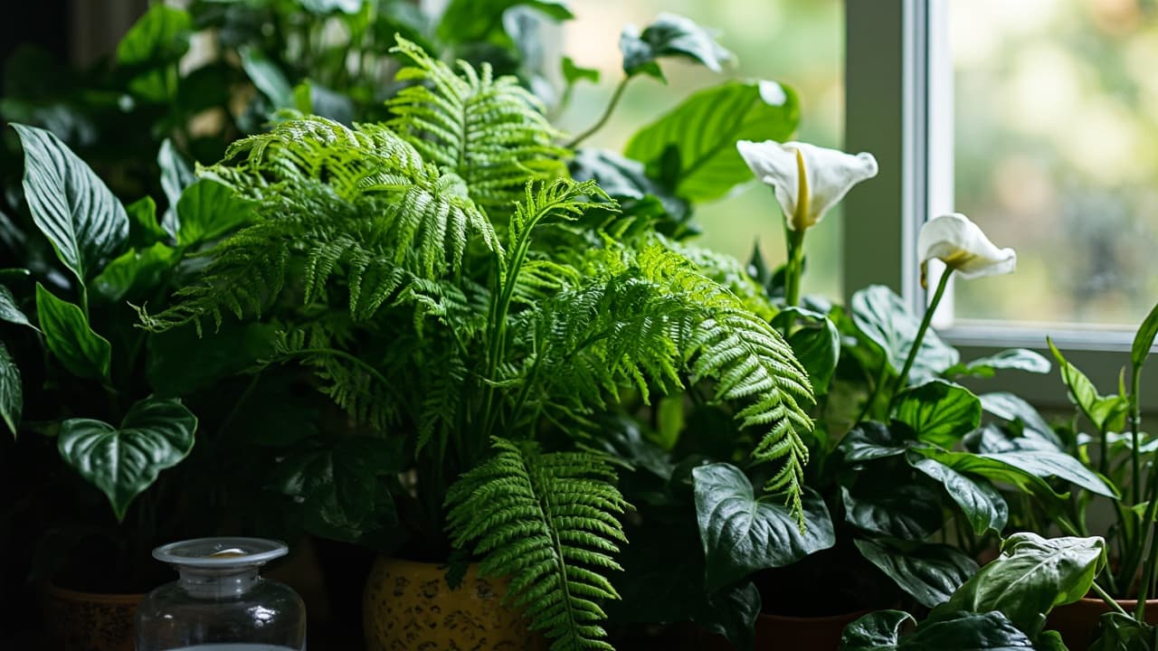 Plantas como Lírio-da-paz e Espada-de-são-jorge em ambiente interno