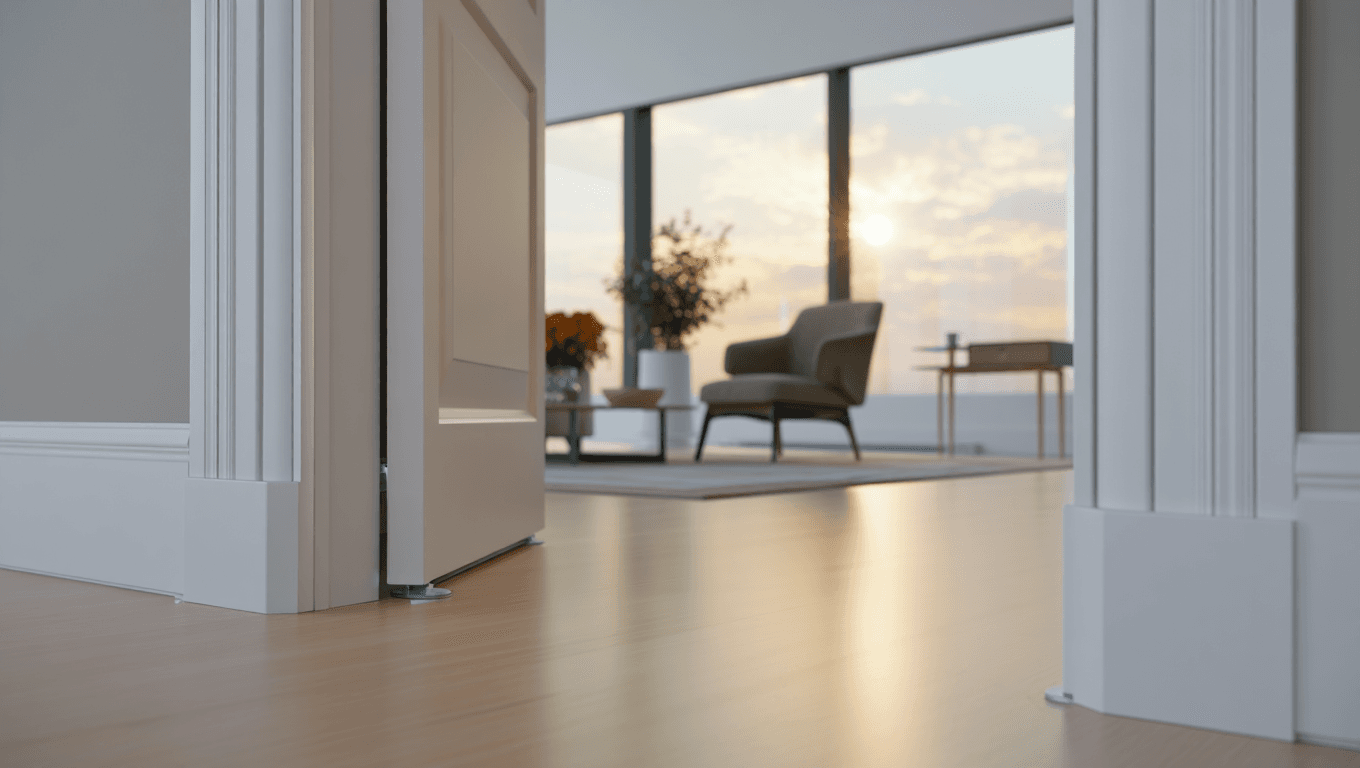 Rodapés altos e cantoneiras protegendo os cantos das paredes