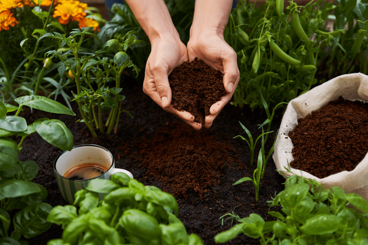 Borra de café sendo preparada para o solo